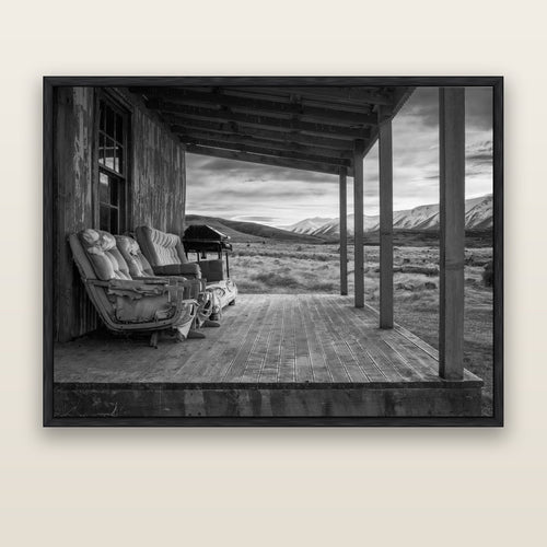 Alpine Retreat, Rustic Comfort Amidst Splendour — black float frame canvas, 173 × 133 cm. New Zealand fine art landscape wall art by Stephen Milner.