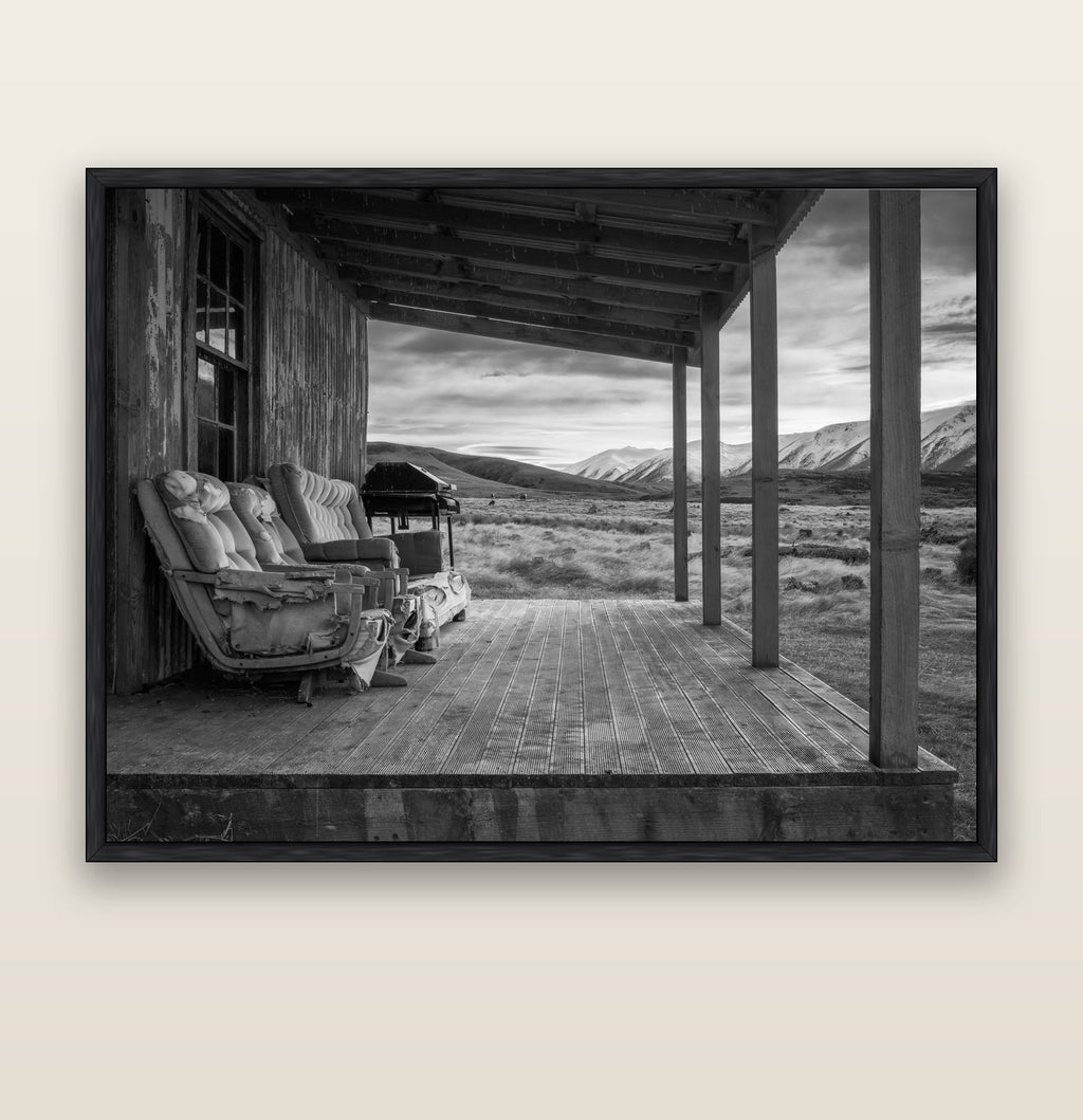 Alpine Retreat, Rustic Comfort Amidst Splendour — black float frame canvas, 173 × 133 cm. New Zealand fine art landscape wall art by Stephen Milner.