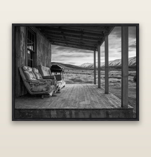 Alpine Retreat, Rustic Comfort Amidst Splendour — black float frame canvas, 173 × 133 cm. New Zealand fine art landscape wall art by Stephen Milner.