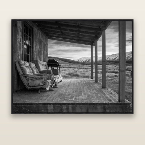 Alpine Retreat, Rustic Comfort Amidst Splendour — black float frame canvas, 173 × 133 cm. New Zealand fine art landscape wall art by Stephen Milner.