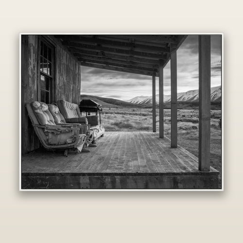 Alpine Retreat, Rustic Comfort Amidst Splendour — white float frame canvas, 173 × 133 cm. New Zealand fine art landscape wall art by Stephen Milner.