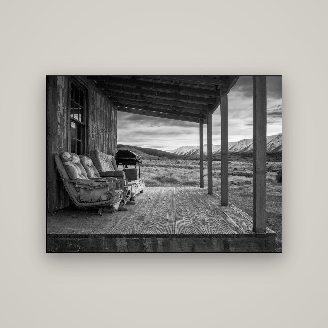 Alpine Retreat, Rustic Comfort Amidst Splendour — Slimline Black, 133×100 cm. New Zealand fine art wall art by Stephen Milner.