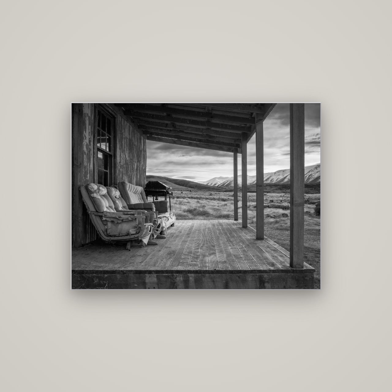 Alpine Retreat, Rustic Comfort Amidst Splendour — Slimline Silver, 107×80 cm. New Zealand fine art wall art by Stephen Milner.