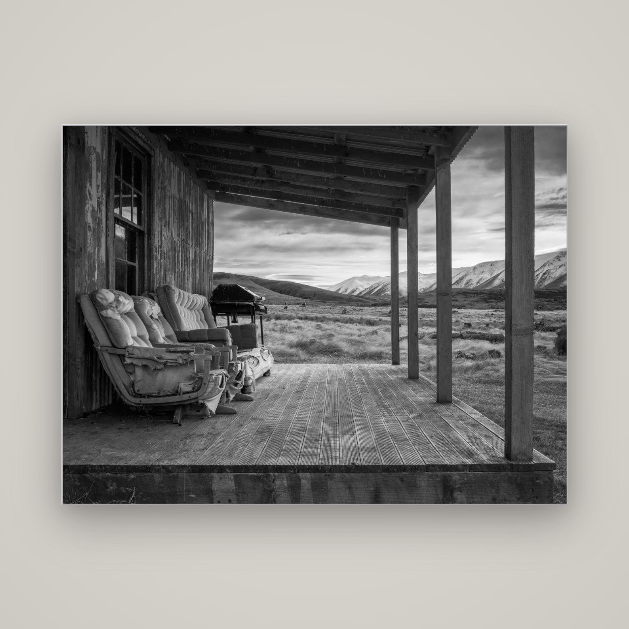 Alpine Retreat, Rustic Comfort Amidst Splendour — Slimline Silver, 160×120 cm. New Zealand fine art wall art by Stephen Milner.