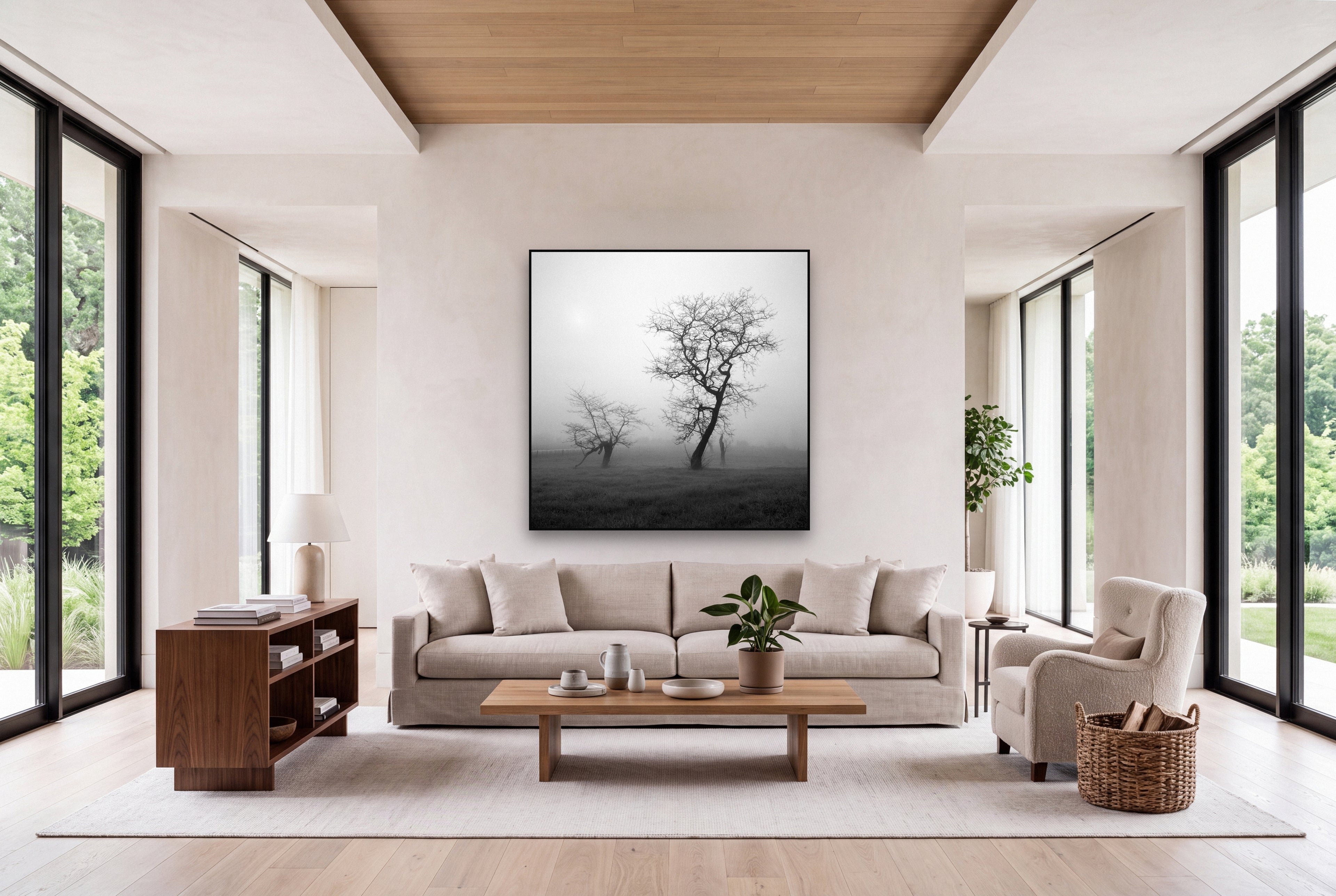 And Child, Waikato shown as large black and white wall art in a styled room, fine art by Stephen Milner.