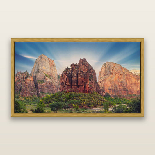 Angelic Sunrise Over Angels Landing, Zion's Majestic Embrace — framed metallic canvas print, Antique Gold frame. New Zealand fine art landscape wall art by Stephen Milner.