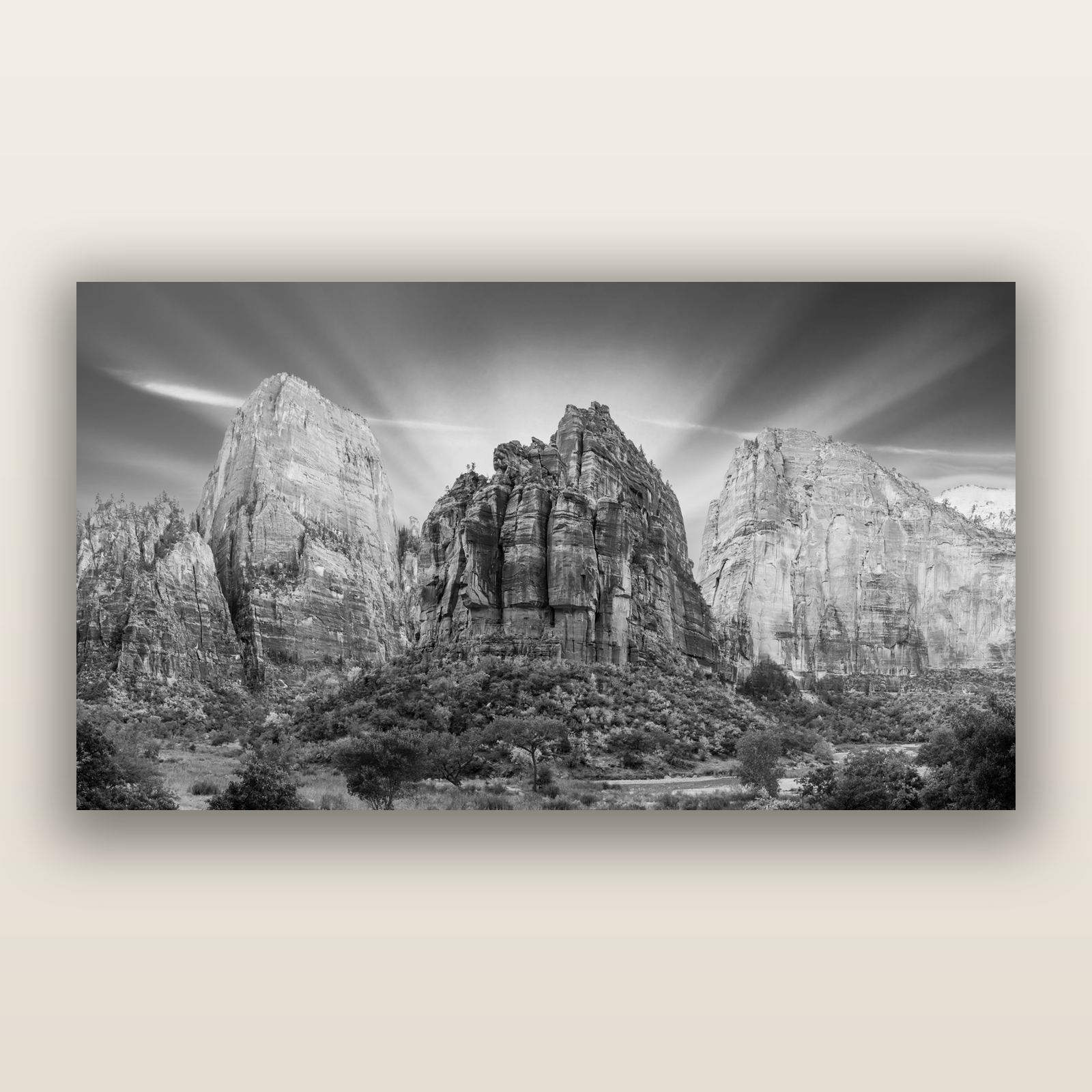 Angelic Sunrise Over Angels Landing, Zion's Majestic Embrace, black and white frameless acrylic glass print. New Zealand fine art photography by Stephen Milner.