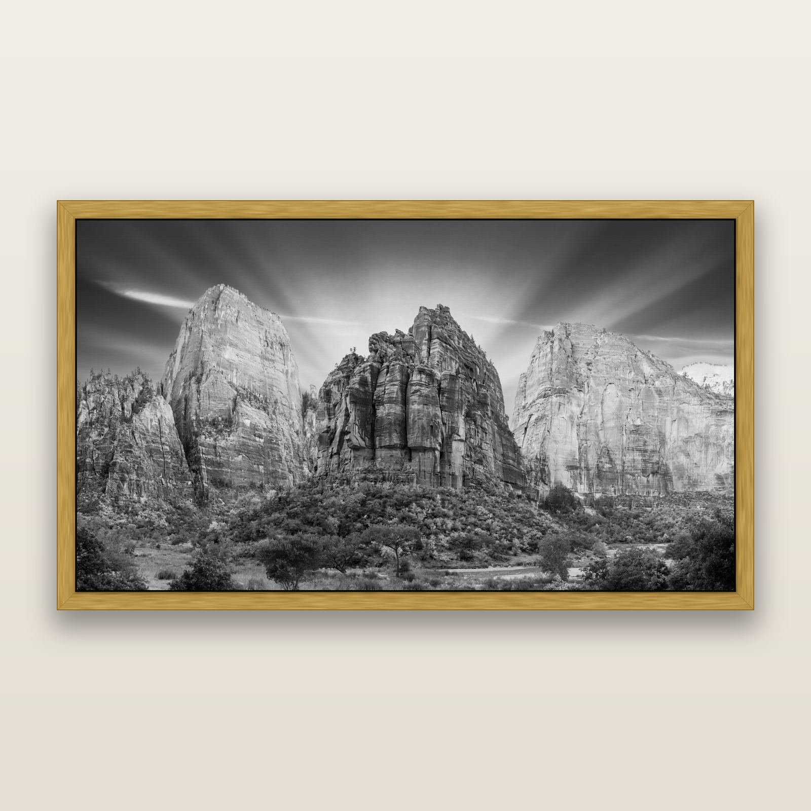 Angelic Sunrise Over Angels Landing, Zion's Majestic Embrace, black and white framed metallic canvas print, Antique Gold frame. New Zealand fine art wall art by Stephen Milner.