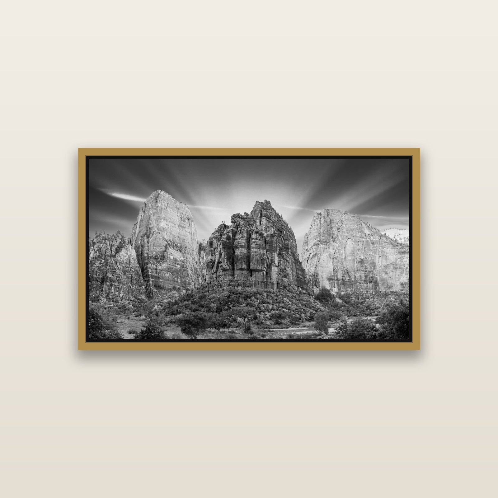 Angelic Sunrise Over Angels Landing, Zion's Majestic Embrace — Antique Gold framed metallic canvas print, small 81 × 46 cm. New Zealand fine art landscape wall art by Stephen Milner.
