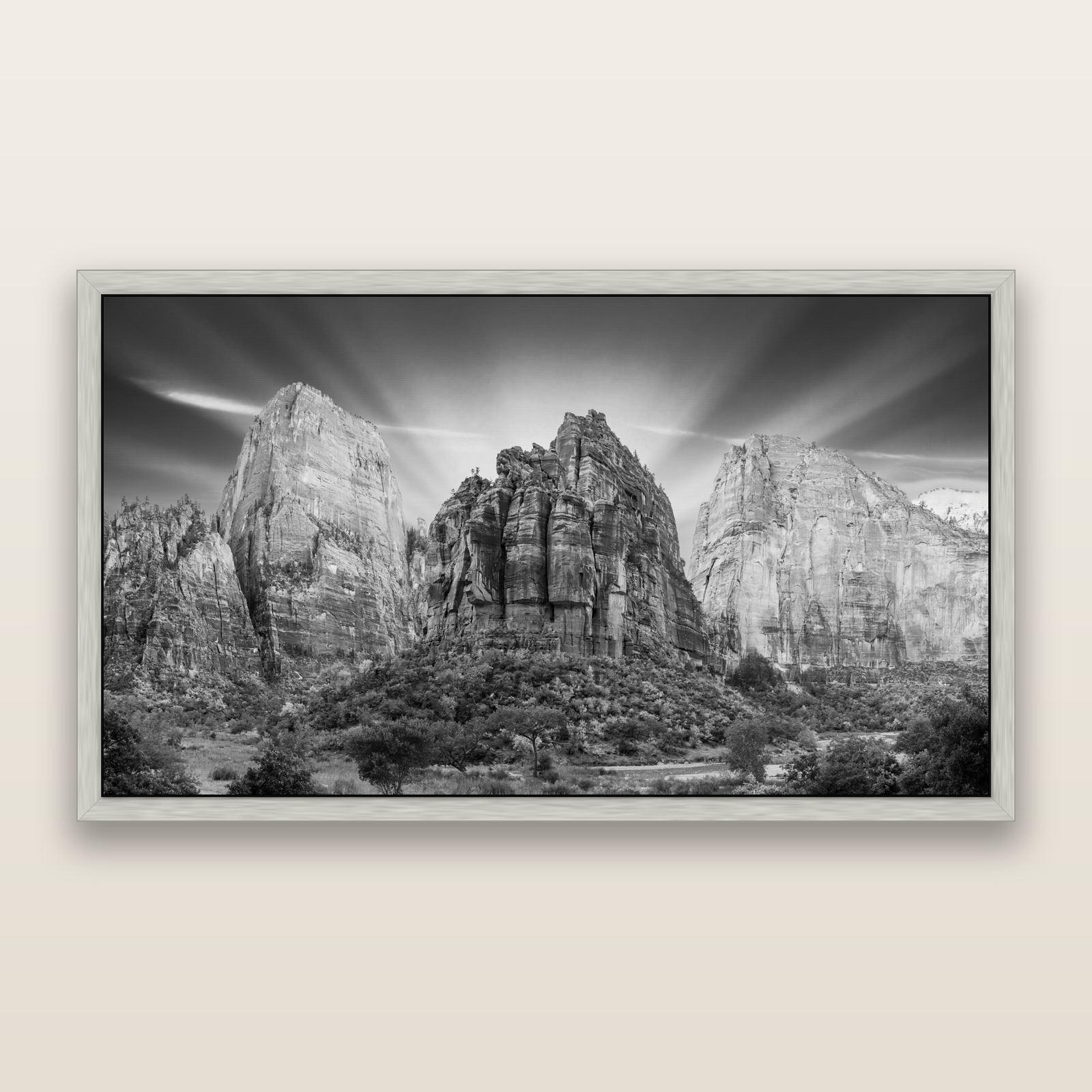 Angelic Sunrise Over Angels Landing, Zion's Majestic Embrace, black and white framed metallic canvas print, Antique Silver frame. New Zealand fine art wall art by Stephen Milner.