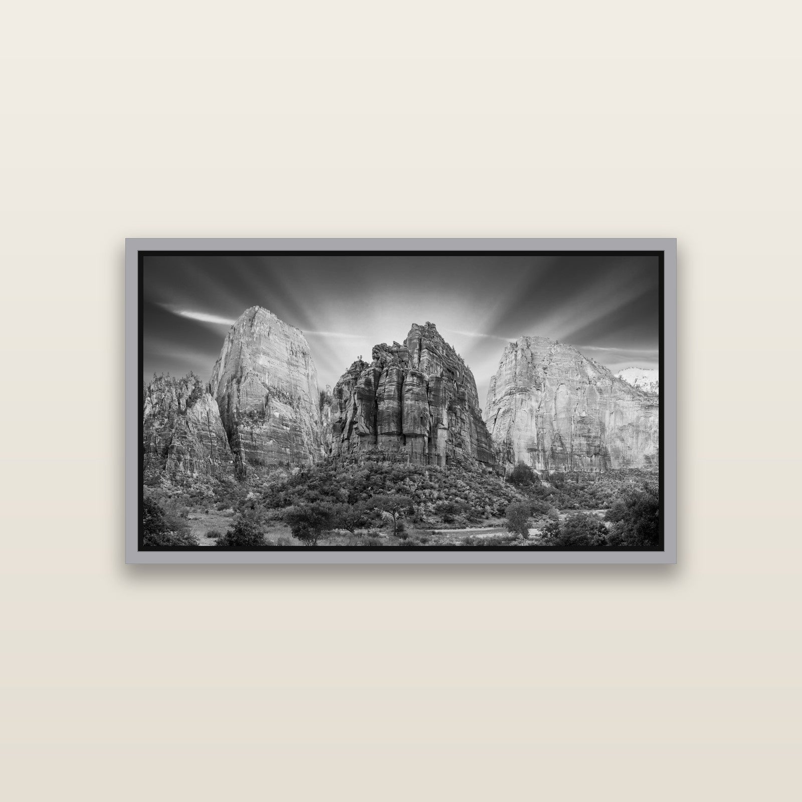 Angelic Sunrise Over Angels Landing, Zion's Majestic Embrace — Antique Silver framed metallic canvas print, small 81 × 46 cm. New Zealand fine art landscape wall art by Stephen Milner.