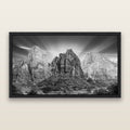 Angelic Sunrise Over Angels Landing, Zion's Majestic Embrace, black and white framed metallic canvas print, Black frame. New Zealand fine art wall art by Stephen Milner.