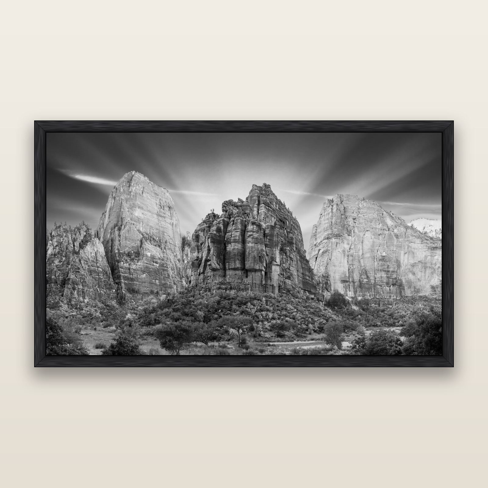 Angelic Sunrise Over Angels Landing, Zion's Majestic Embrace, black and white framed metallic canvas print, Black frame. New Zealand fine art wall art by Stephen Milner.