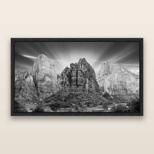 Angelic Sunrise Over Angels Landing, Zion's Majestic Embrace, black and white framed metallic canvas print, Black frame. New Zealand fine art wall art by Stephen Milner.