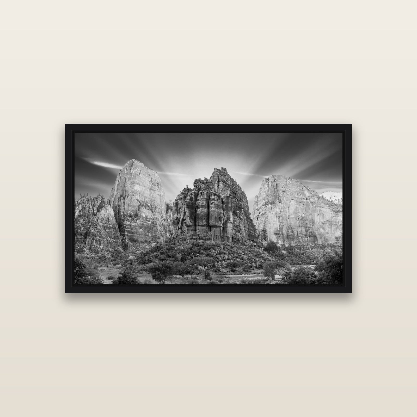 Angelic Sunrise Over Angels Landing, Zion's Majestic Embrace — Black framed metallic canvas print, small 81 × 46 cm. New Zealand fine art landscape wall art by Stephen Milner.