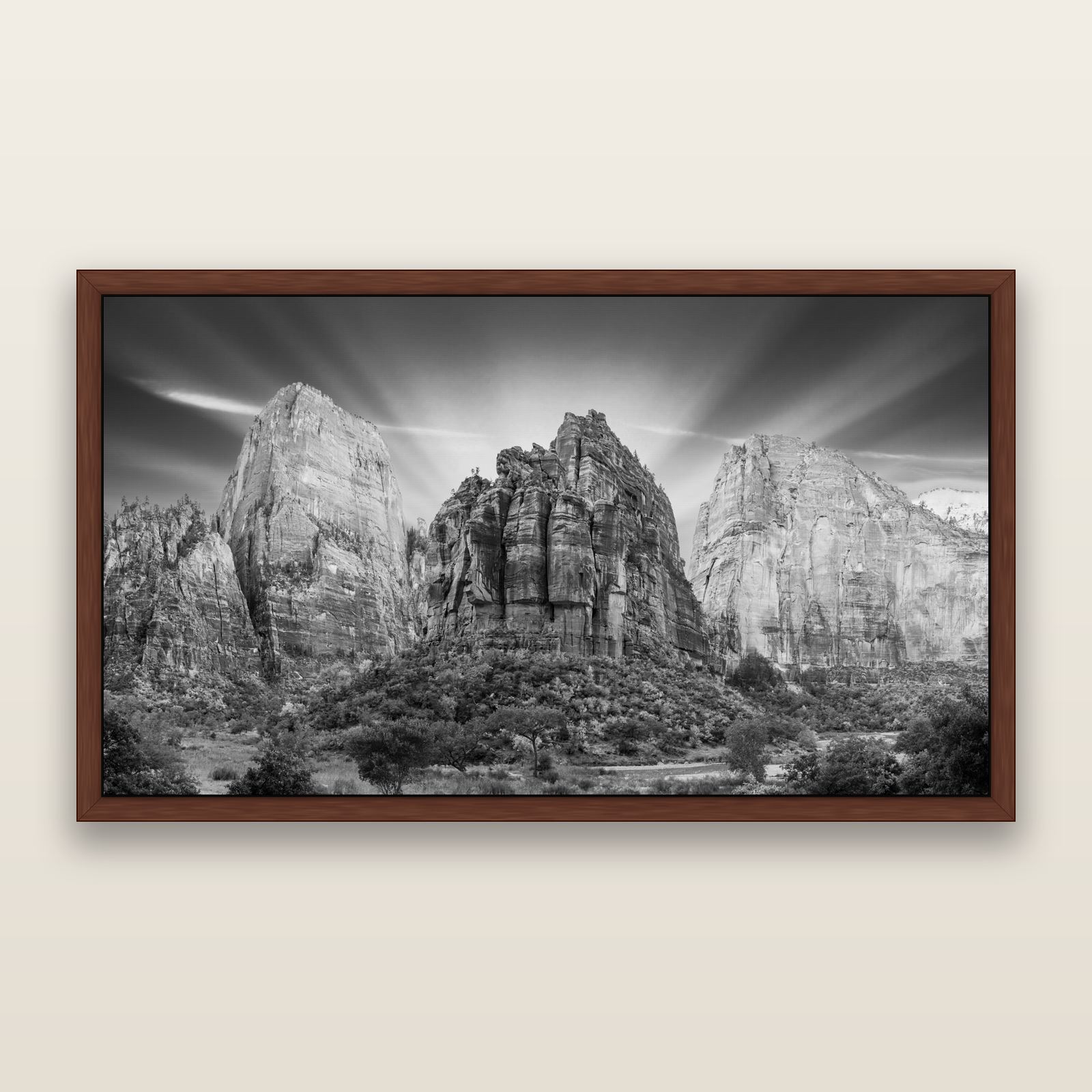 Angelic Sunrise Over Angels Landing, Zion's Majestic Embrace, black and white framed metallic canvas print, Brown frame. New Zealand fine art wall art by Stephen Milner.