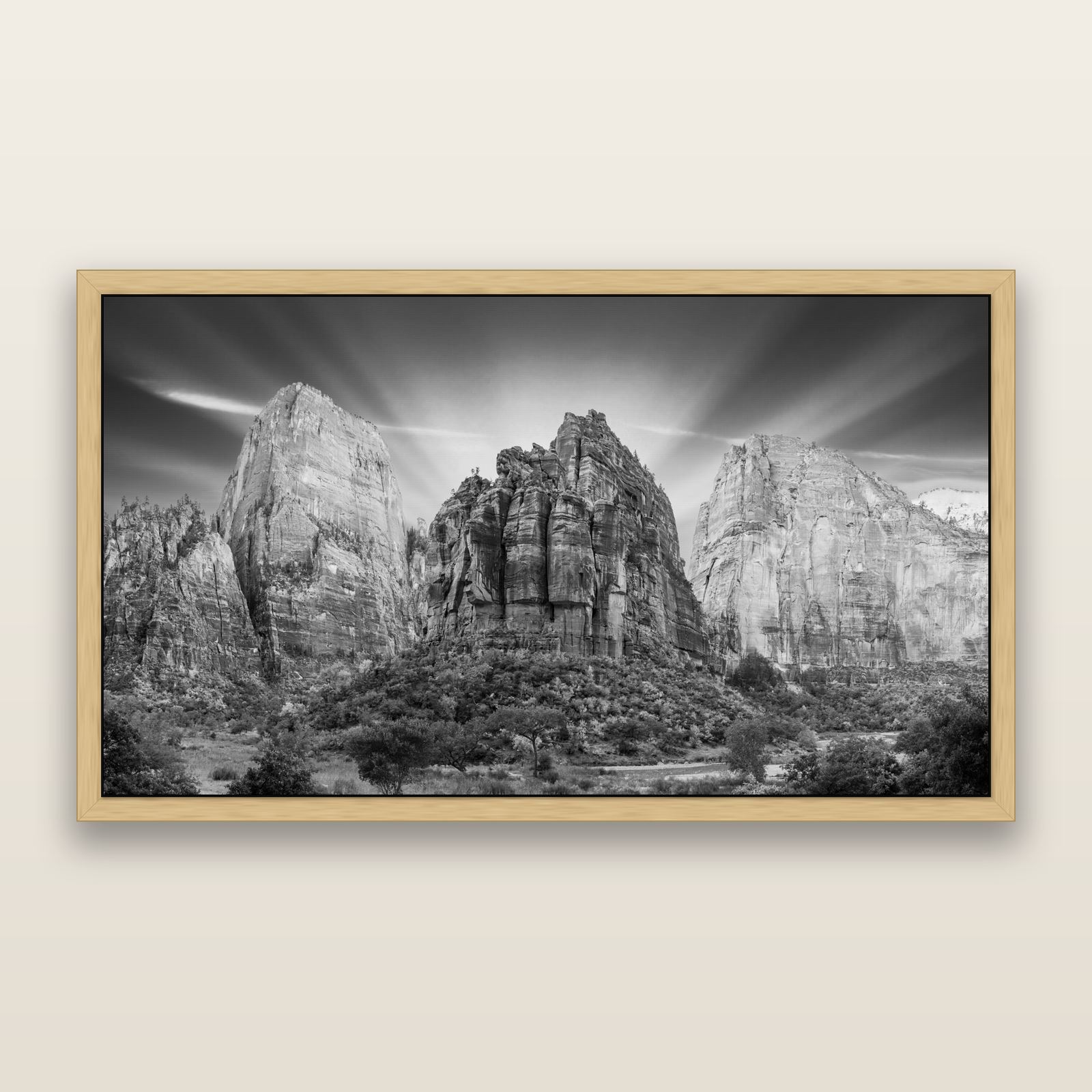 Angelic Sunrise Over Angels Landing, Zion's Majestic Embrace, black and white framed metallic canvas print, Natural frame. New Zealand fine art wall art by Stephen Milner.