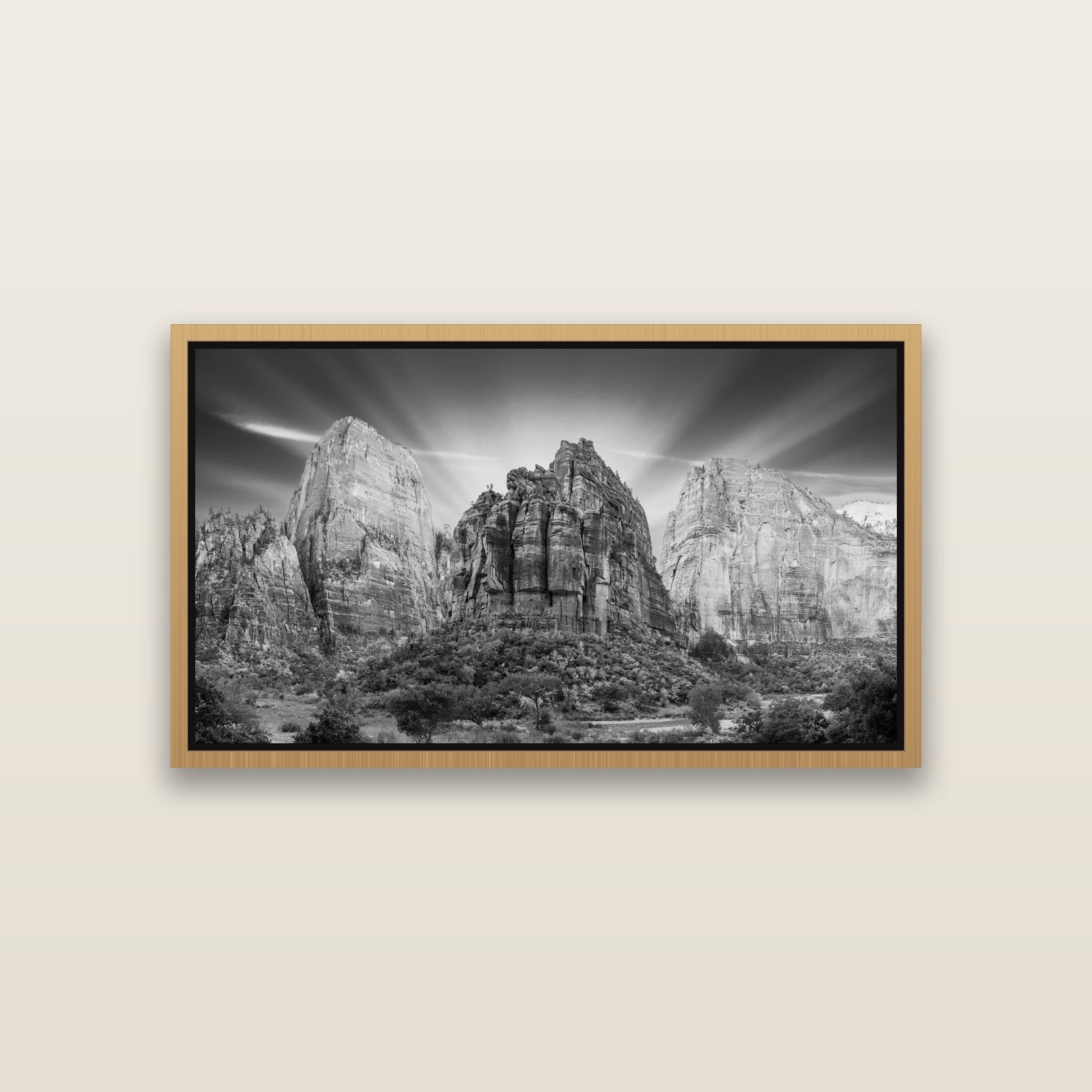 Angelic Sunrise Over Angels Landing, Zion's Majestic Embrace — Natural framed metallic canvas print, small 81 × 46 cm. New Zealand fine art landscape wall art by Stephen Milner.