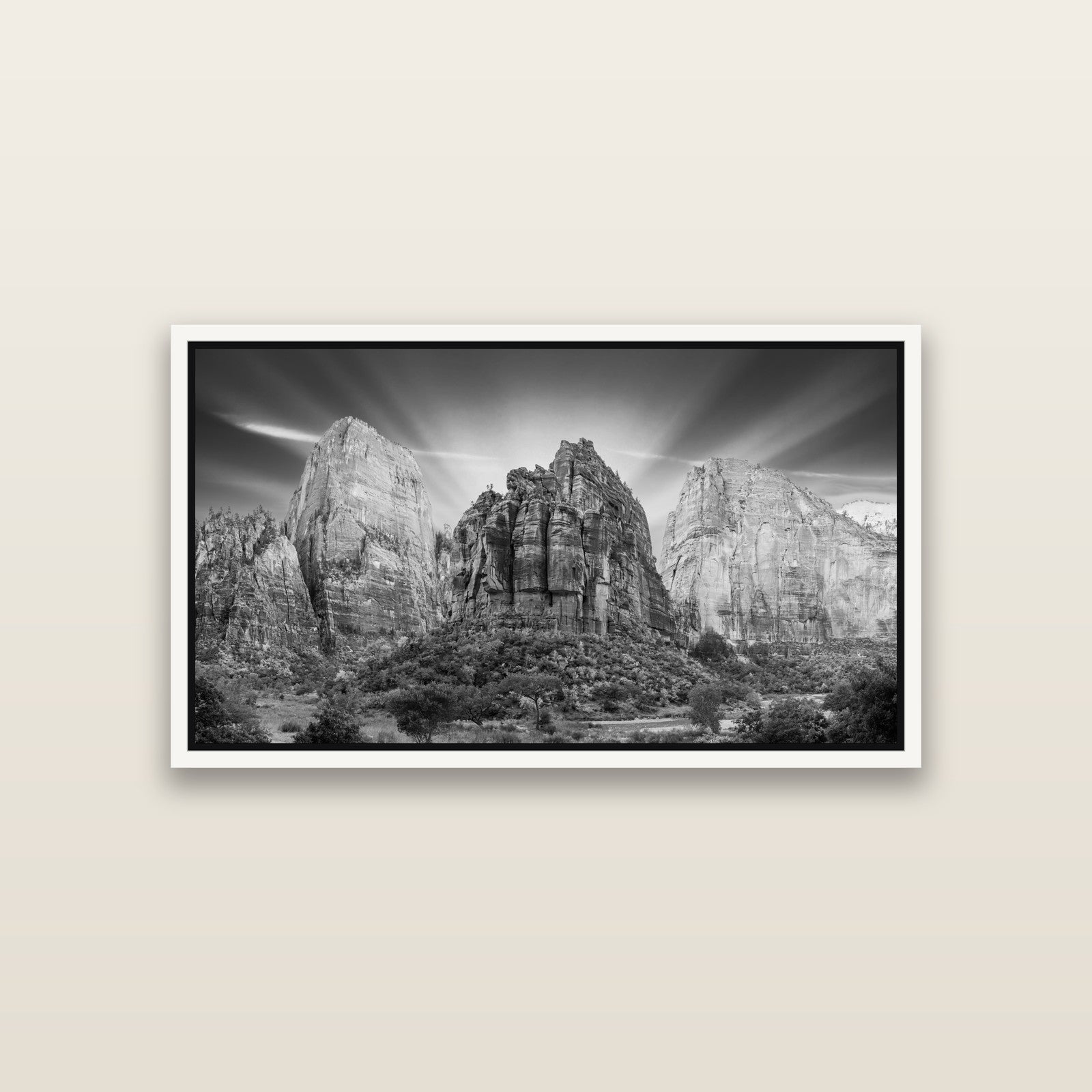 Angelic Sunrise Over Angels Landing, Zion's Majestic Embrace — White framed metallic canvas print, small 81 × 46 cm. New Zealand fine art landscape wall art by Stephen Milner.