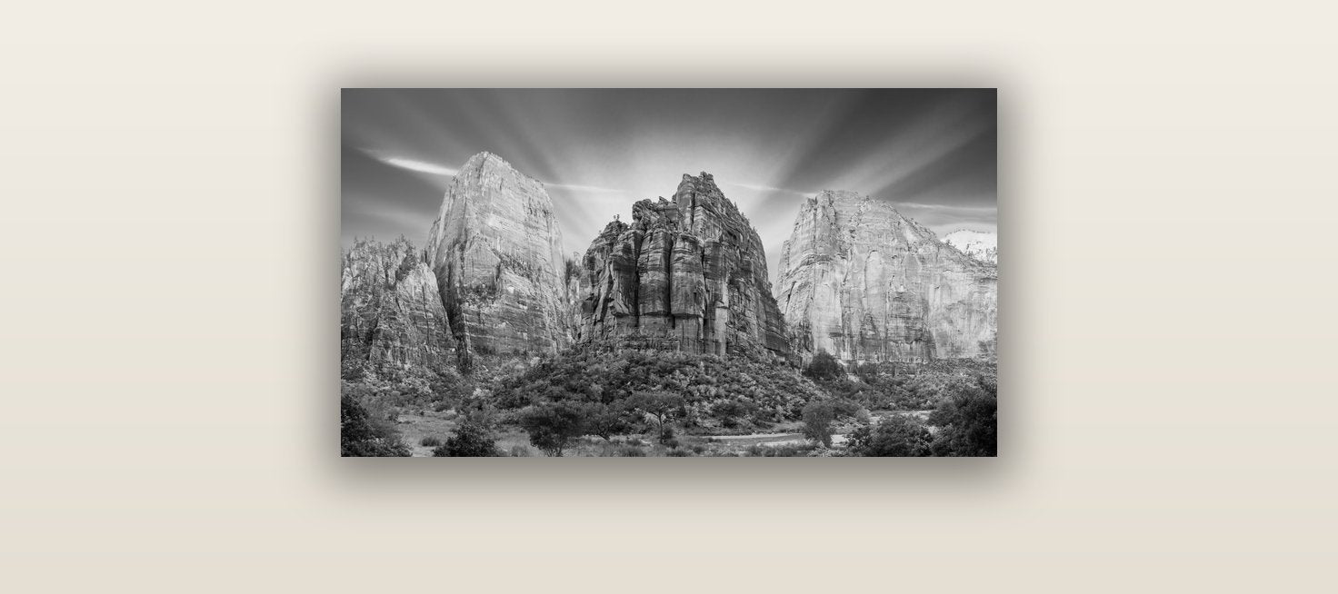 Angelic Sunrise Over Angels Landing, Zion's Majestic Embrace — acrylic glass print, 61 × 30 cm. New Zealand fine art landscape wall art by Stephen Milner.