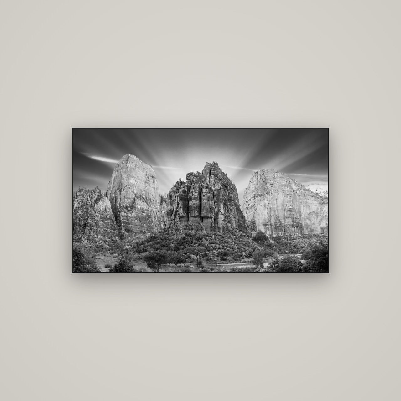 Angelic Sunrise Over Angels Landing, Zion's Majestic Embrace — ArtBox Black, 107×60 cm. New Zealand fine art wall art by Stephen Milner.