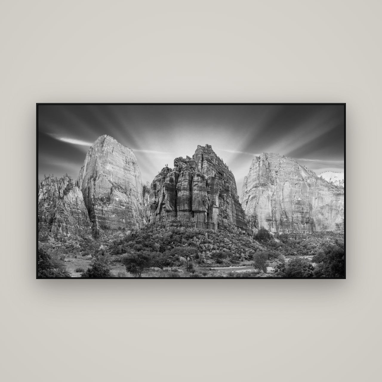 Angelic Sunrise Over Angels Landing, Zion's Majestic Embrace — ArtBox Black, 160×90 cm. New Zealand fine art wall art by Stephen Milner.
