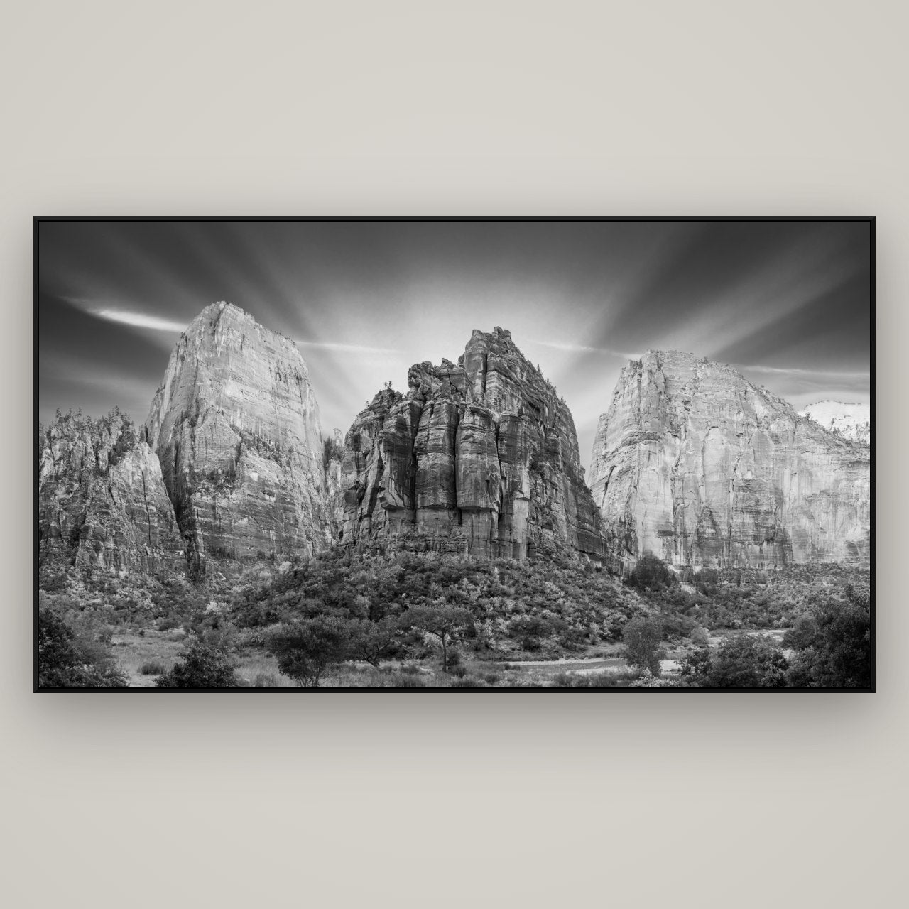 Angelic Sunrise Over Angels Landing, Zion's Majestic Embrace — ArtBox Black, 196×110 cm. New Zealand fine art wall art by Stephen Milner.