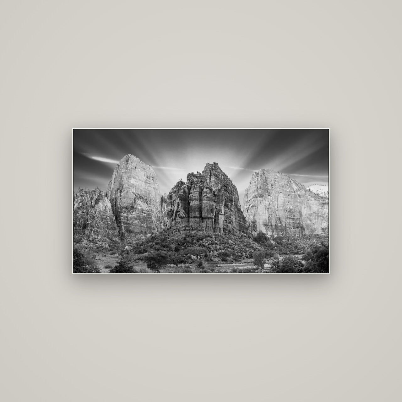 Angelic Sunrise Over Angels Landing, Zion's Majestic Embrace — ArtBox White, 107×60 cm. New Zealand fine art wall art by Stephen Milner.