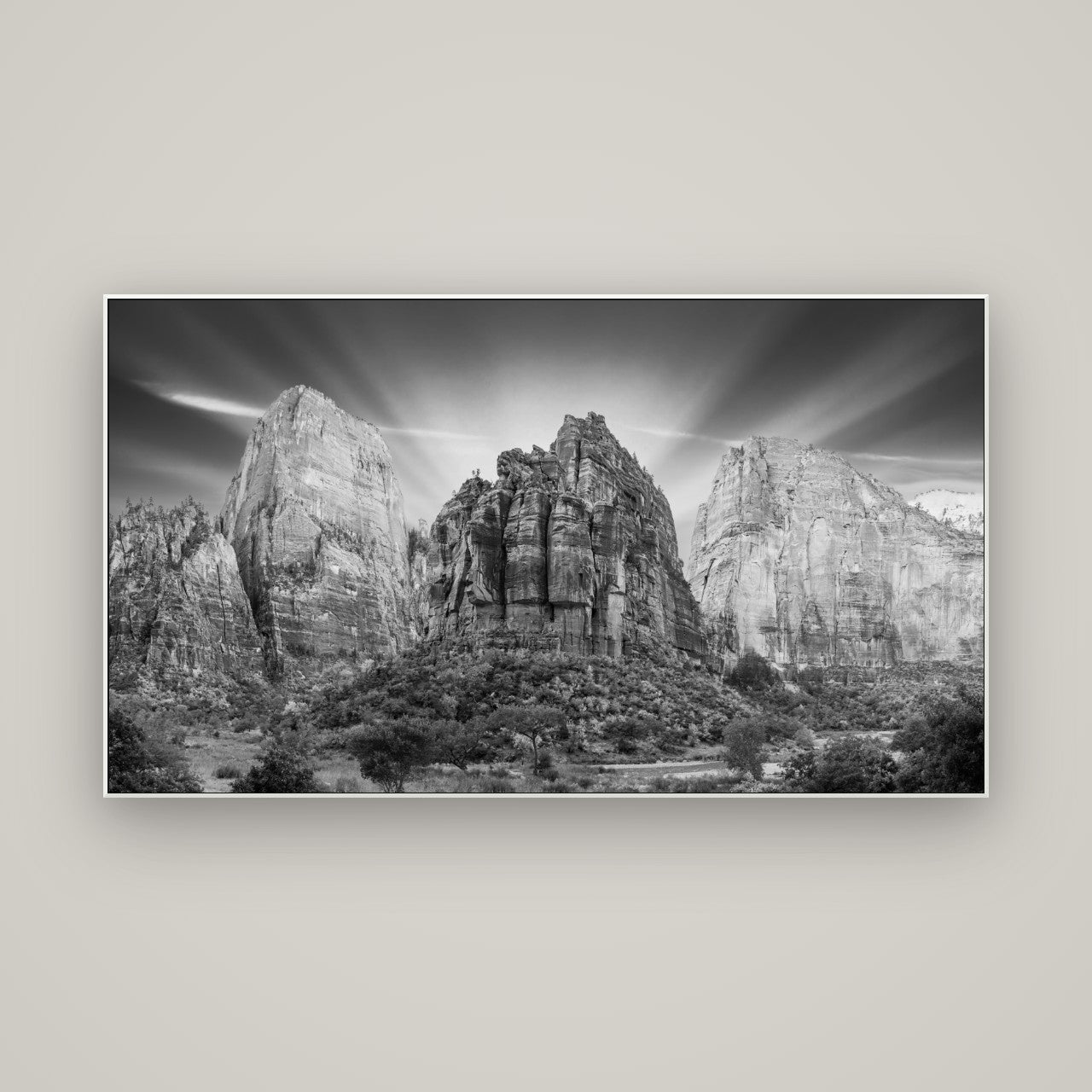 Angelic Sunrise Over Angels Landing, Zion's Majestic Embrace — ArtBox White, 160×90 cm. New Zealand fine art wall art by Stephen Milner.