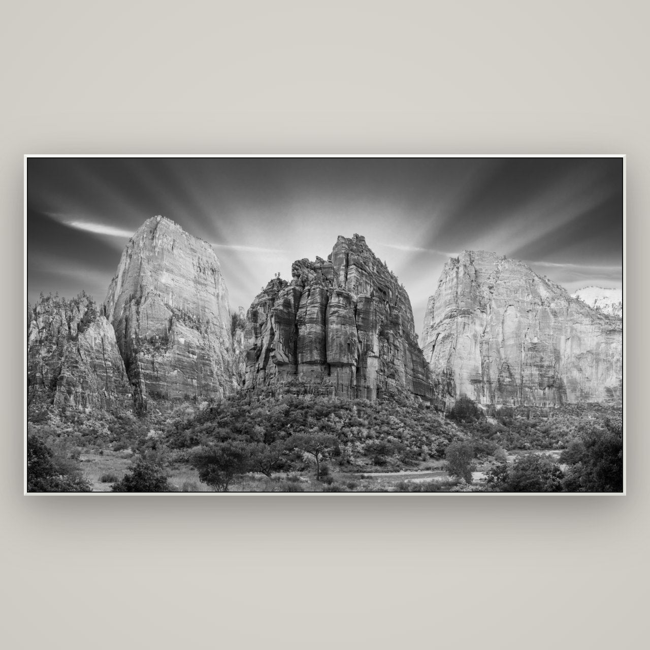 Angelic Sunrise Over Angels Landing, Zion's Majestic Embrace — ArtBox White, 196×110 cm. New Zealand fine art wall art by Stephen Milner.