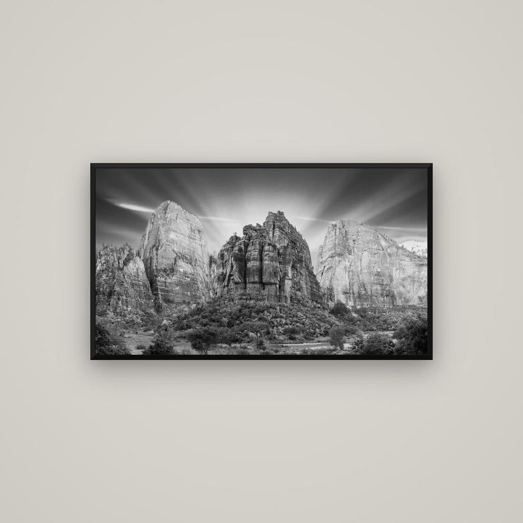 Angelic Sunrise Over Angels Landing, Zion's Majestic Embrace — Basel Black Matte, 107×60 cm. New Zealand fine art wall art by Stephen Milner.