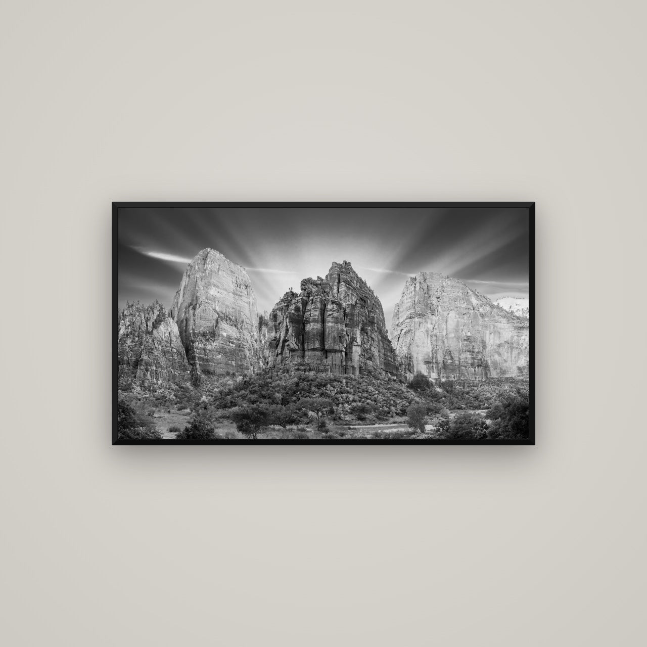 Angelic Sunrise Over Angels Landing, Zion's Majestic Embrace — Basel Black, 107×60 cm. New Zealand fine art wall art by Stephen Milner.