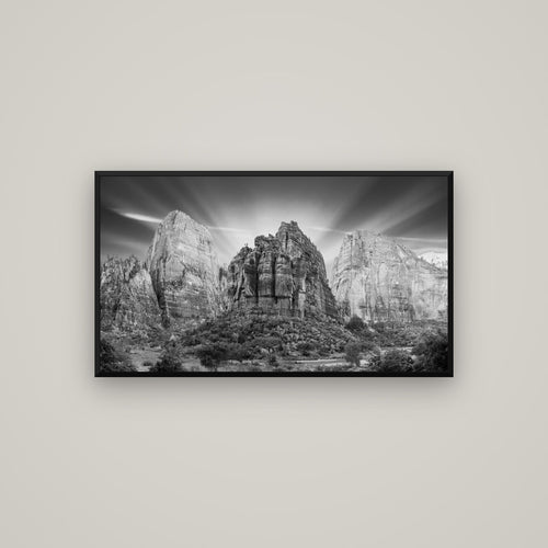 Angelic Sunrise Over Angels Landing, Zion's Majestic Embrace — Basel Black, 107×60 cm. New Zealand fine art wall art by Stephen Milner.