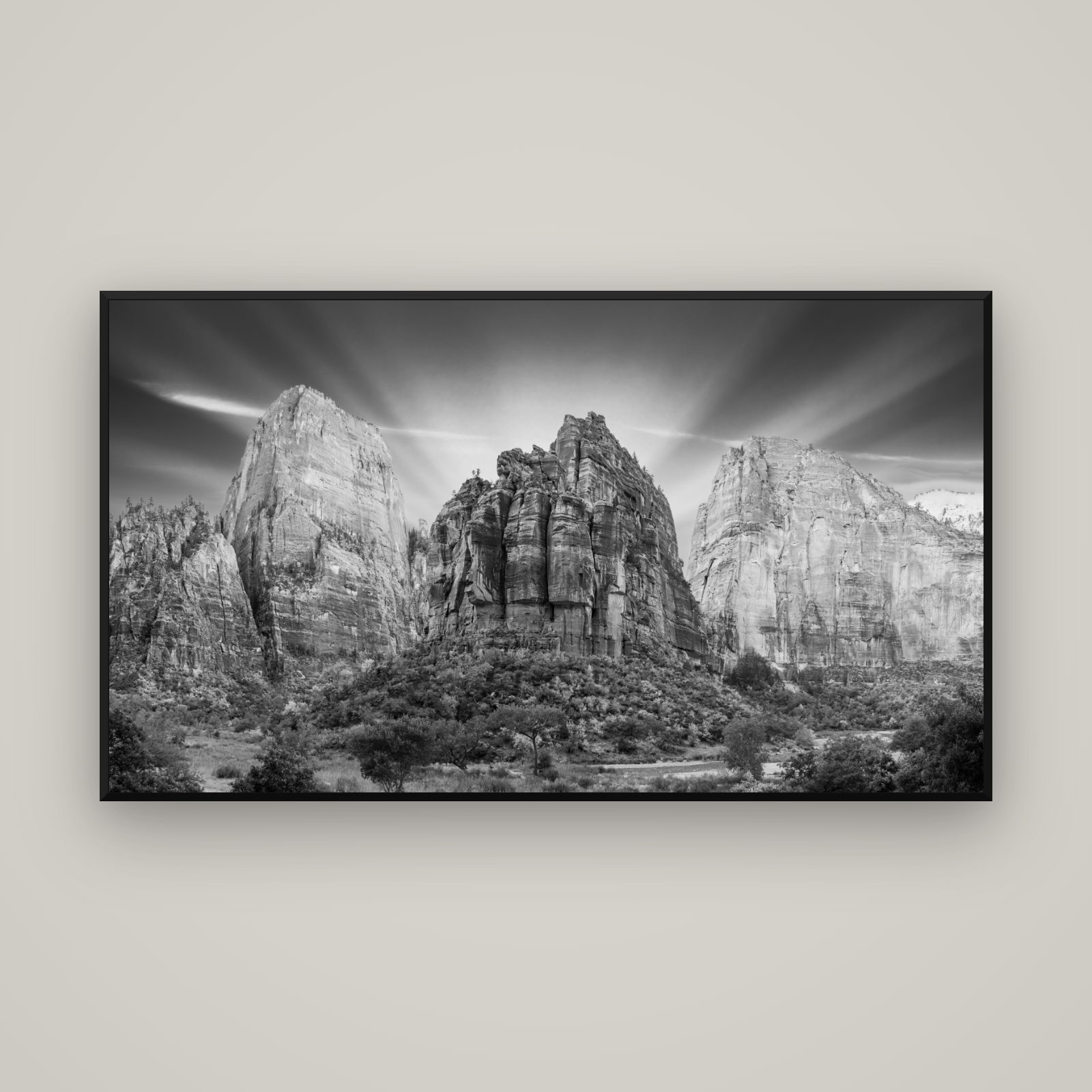 Angelic Sunrise Over Angels Landing, Zion's Majestic Embrace — Basel Black Matte, 160×90 cm. New Zealand fine art wall art by Stephen Milner.