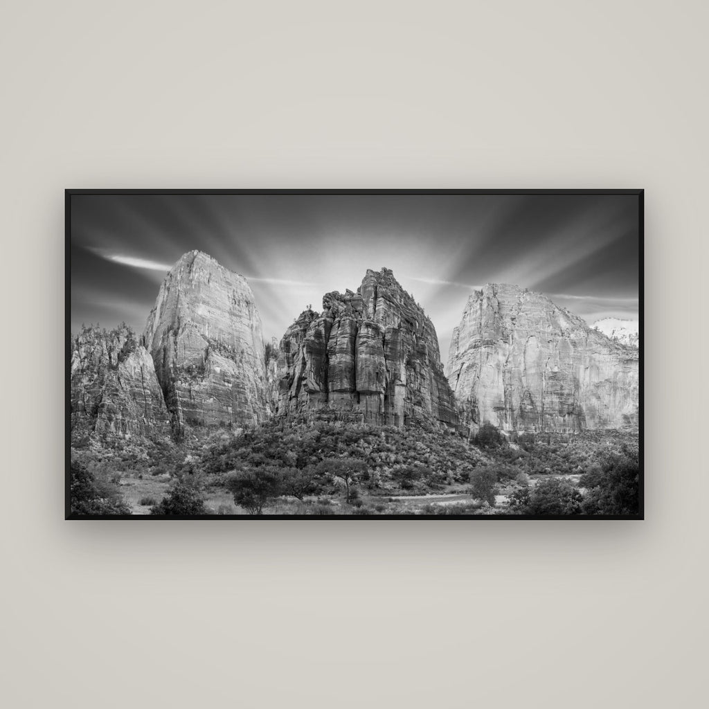 Angelic Sunrise Over Angels Landing, Zion's Majestic Embrace — Basel Black Matte, 160×90 cm. New Zealand fine art wall art by Stephen Milner.