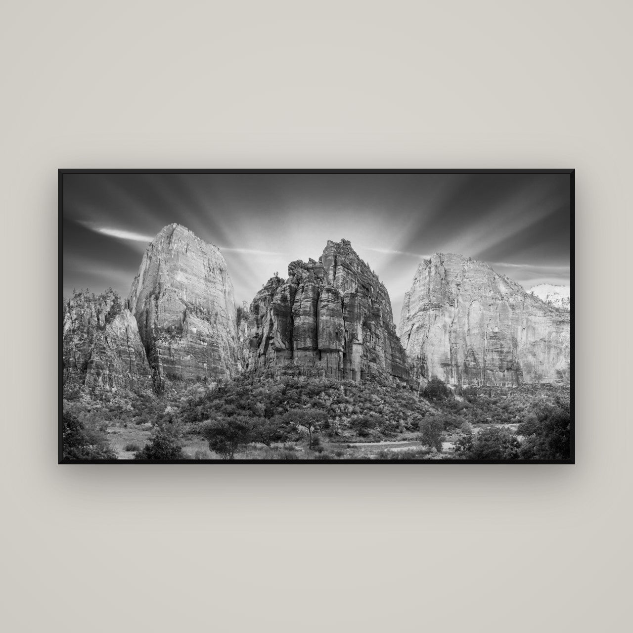 Angelic Sunrise Over Angels Landing, Zion's Majestic Embrace — Basel Black, 160×90 cm. New Zealand fine art wall art by Stephen Milner.
