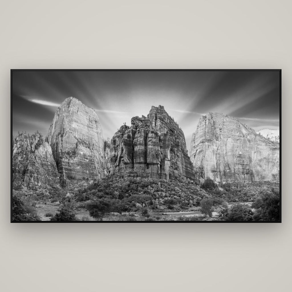 Angelic Sunrise Over Angels Landing, Zion's Majestic Embrace — Basel Black, 196×110 cm. New Zealand fine art wall art by Stephen Milner.