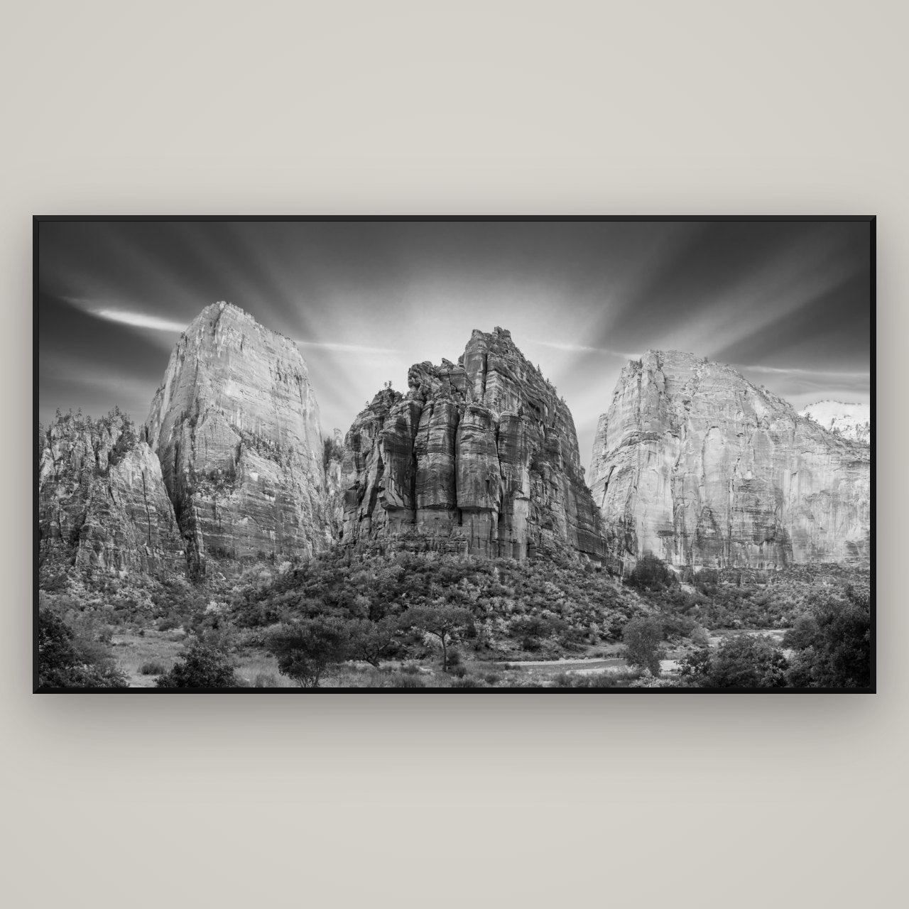 Angelic Sunrise Over Angels Landing, Zion's Majestic Embrace — Basel Black, 196×110 cm. New Zealand fine art wall art by Stephen Milner.