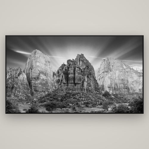 Angelic Sunrise Over Angels Landing, Zion's Majestic Embrace — Basel Black, 196×110 cm. New Zealand fine art wall art by Stephen Milner.