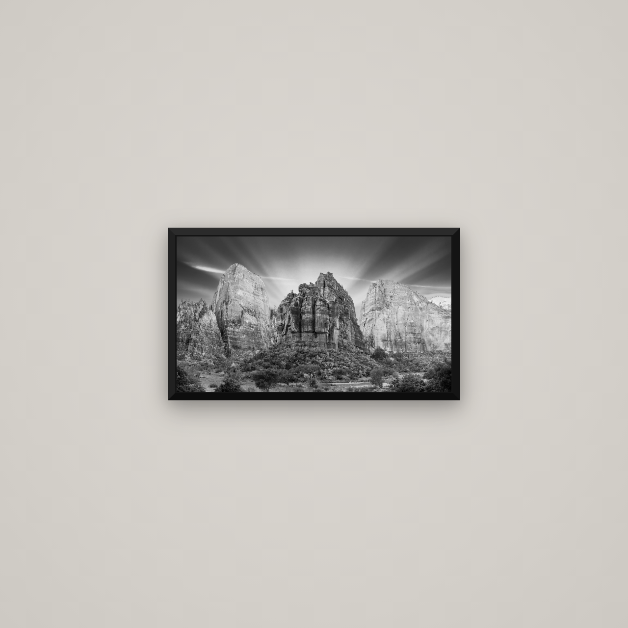 Angelic Sunrise Over Angels Landing, Zion's Majestic Embrace — Basel Black Matte, 53×30 cm. New Zealand fine art wall art by Stephen Milner.