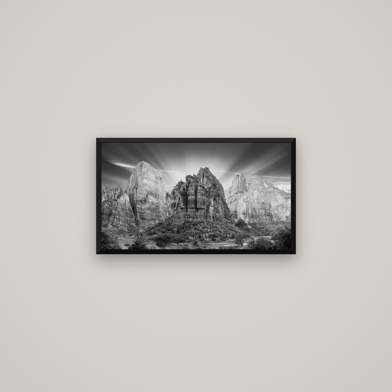Angelic Sunrise Over Angels Landing, Zion's Majestic Embrace — Basel Black Matte, 64×36 cm. New Zealand fine art wall art by Stephen Milner.
