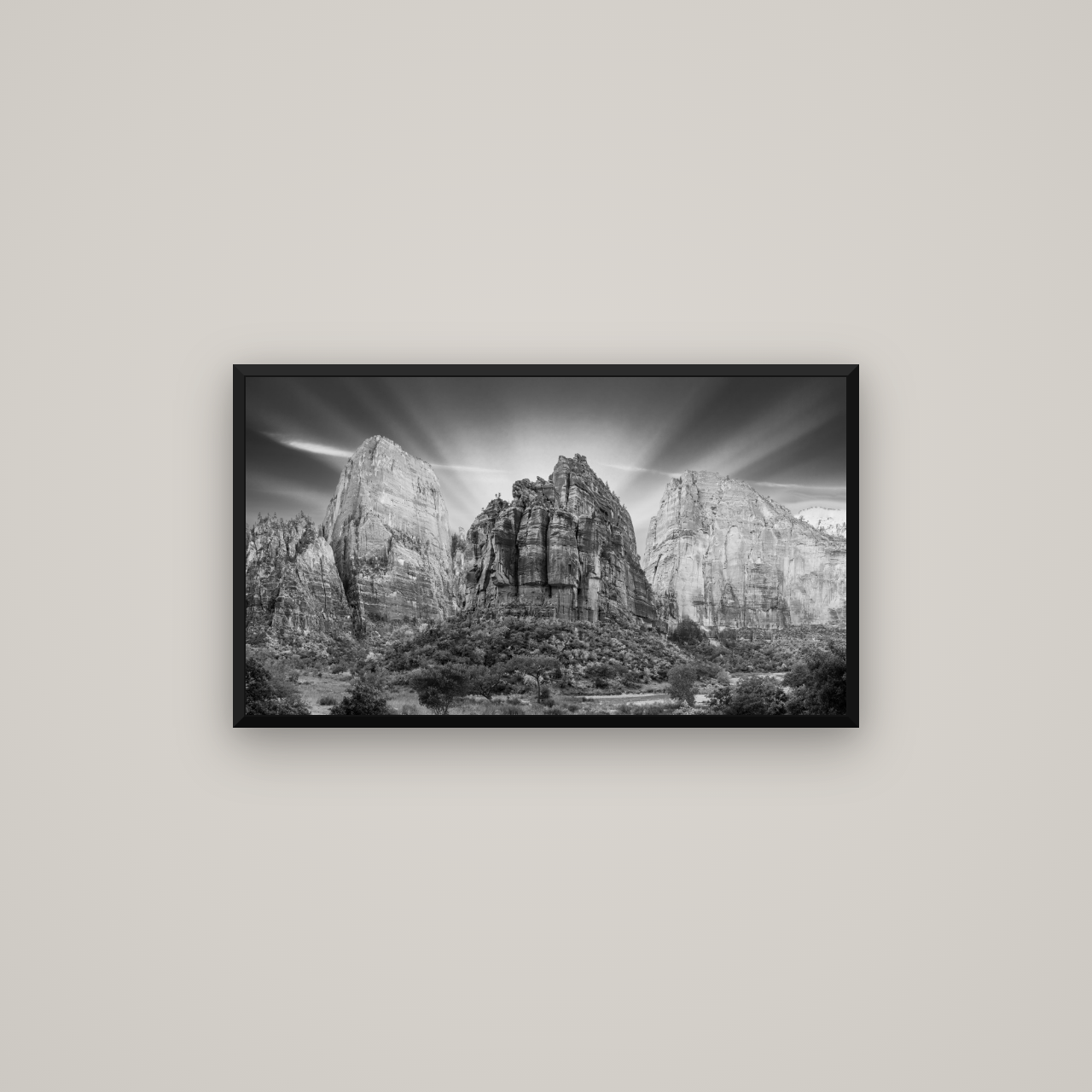 Angelic Sunrise Over Angels Landing, Zion's Majestic Embrace — Basel Black Matte, 80×45 cm. New Zealand fine art wall art by Stephen Milner.
