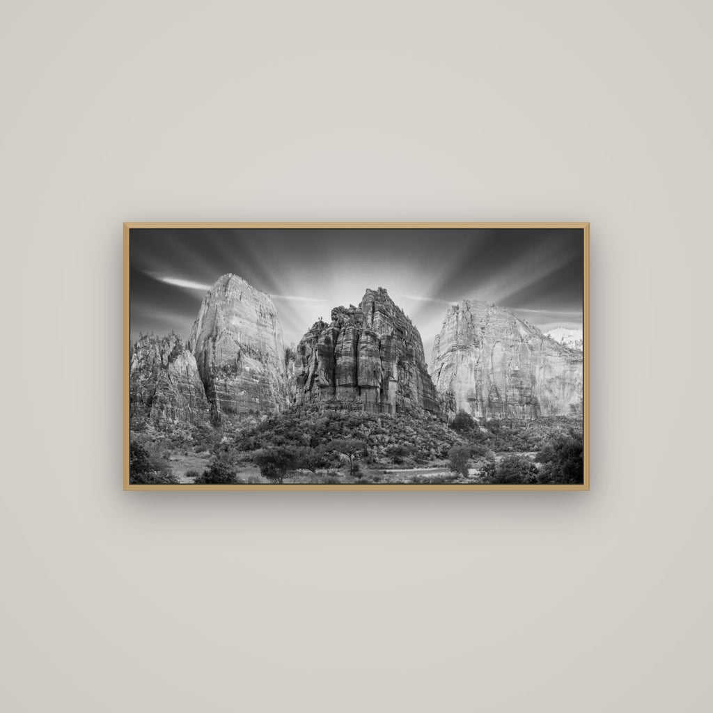 Angelic Sunrise Over Angels Landing, Zion's Majestic Embrace, Basel Natural Oak, 107×60 cm. New Zealand fine art wall art by Stephen Milner.
