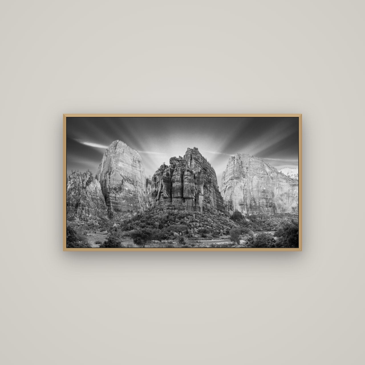 Angelic Sunrise Over Angels Landing, Zion's Majestic Embrace, Basel Natural Oak, 107×60 cm. New Zealand fine art wall art by Stephen Milner.