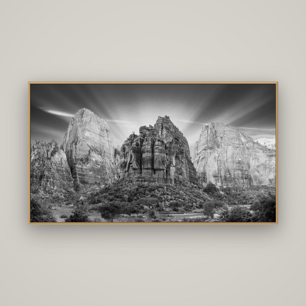 Angelic Sunrise Over Angels Landing, Zion's Majestic Embrace, Basel Natural Oak, 160×90 cm. New Zealand fine art wall art by Stephen Milner.