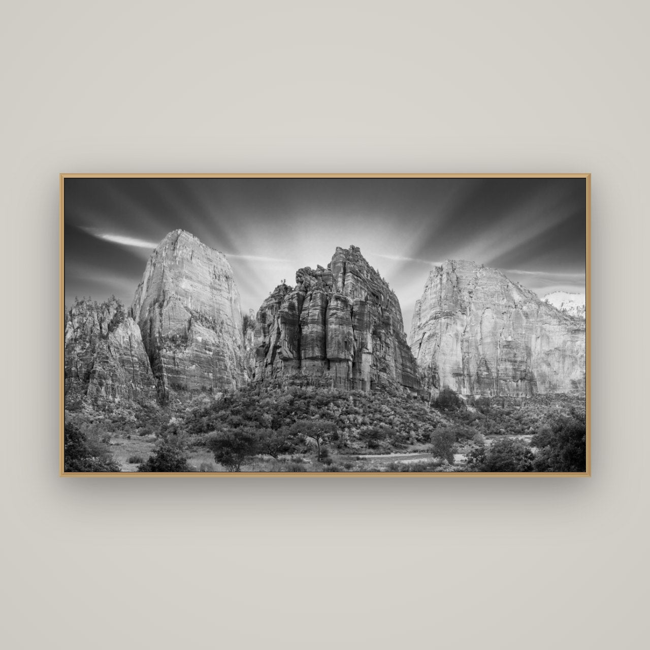 Angelic Sunrise Over Angels Landing, Zion's Majestic Embrace, Basel Natural Oak, 160×90 cm. New Zealand fine art wall art by Stephen Milner.