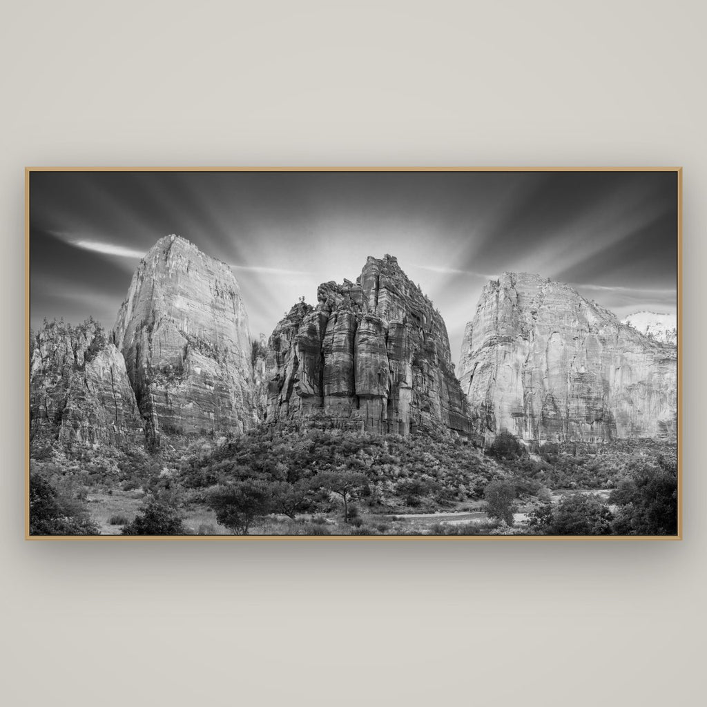 Angelic Sunrise Over Angels Landing, Zion's Majestic Embrace, Basel Natural Oak, 196×110 cm. New Zealand fine art wall art by Stephen Milner.