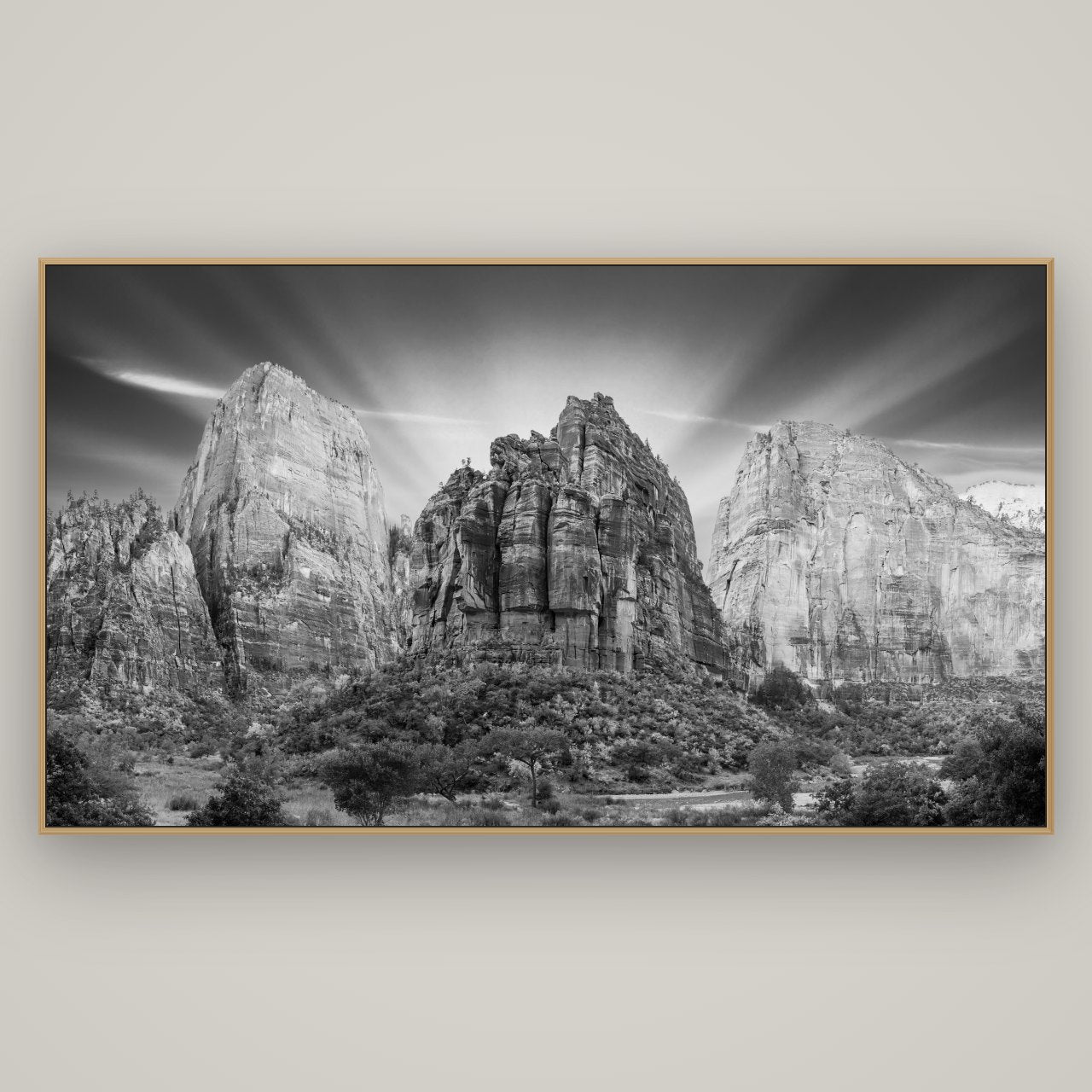 Angelic Sunrise Over Angels Landing, Zion's Majestic Embrace, Basel Natural Oak, 196×110 cm. New Zealand fine art wall art by Stephen Milner.