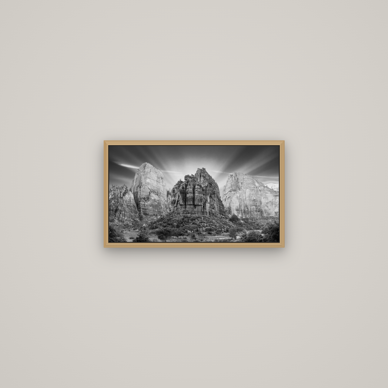 Angelic Sunrise Over Angels Landing, Zion's Majestic Embrace, Basel Natural Oak, 53×30 cm. New Zealand fine art wall art by Stephen Milner.