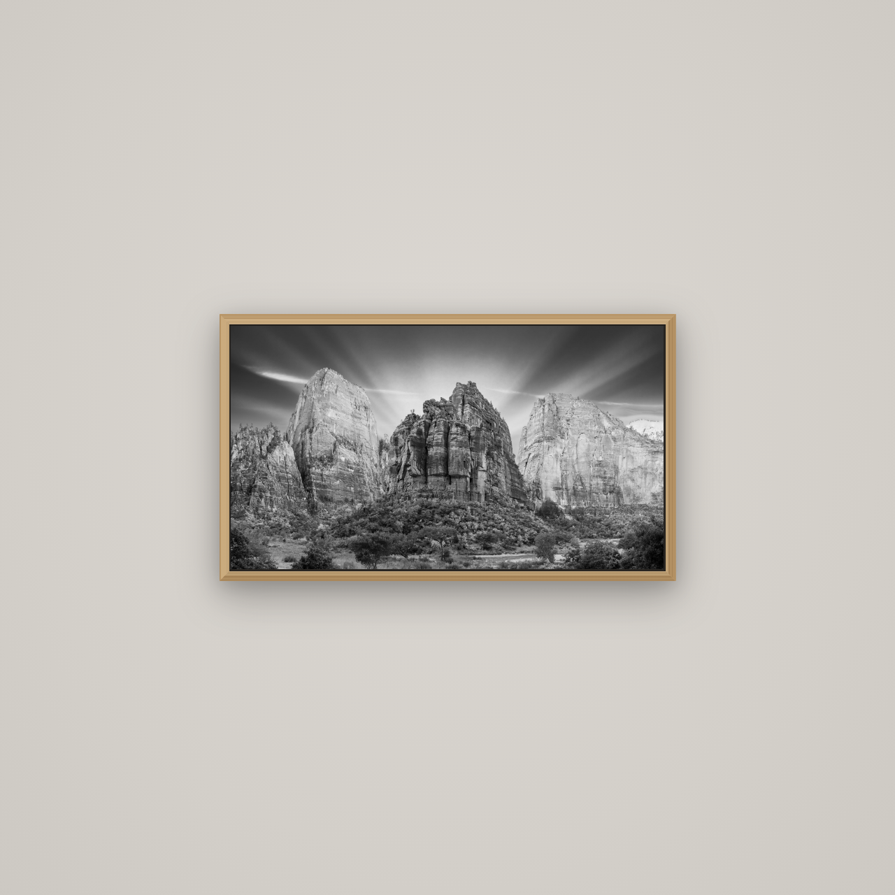 Angelic Sunrise Over Angels Landing, Zion's Majestic Embrace, Basel Natural Oak, 64×36 cm. New Zealand fine art wall art by Stephen Milner.